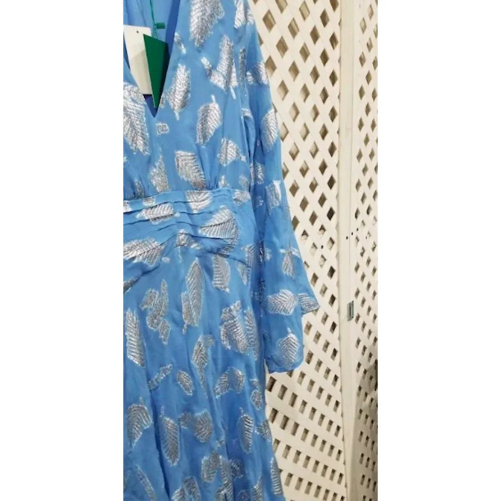 RIXO London Blue Indra Metallic Feather Print Midi Dress - Picture 7 of 12